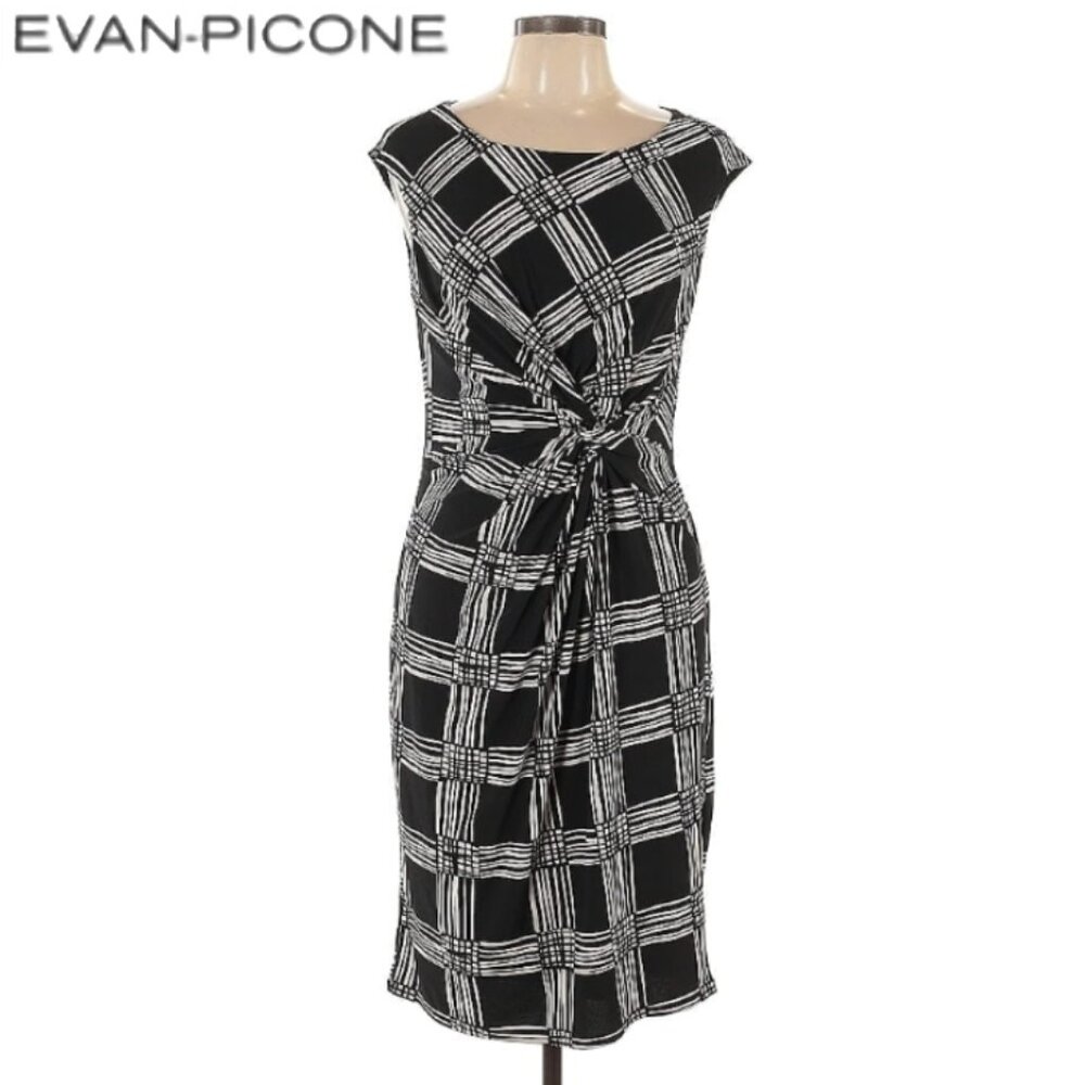 𝖤𝖵𝖠𝖭-𝖯𝖨𝖢𝖮𝖭𝖤 Women's Ruched Cocktail Dress Black/White (Size 8)